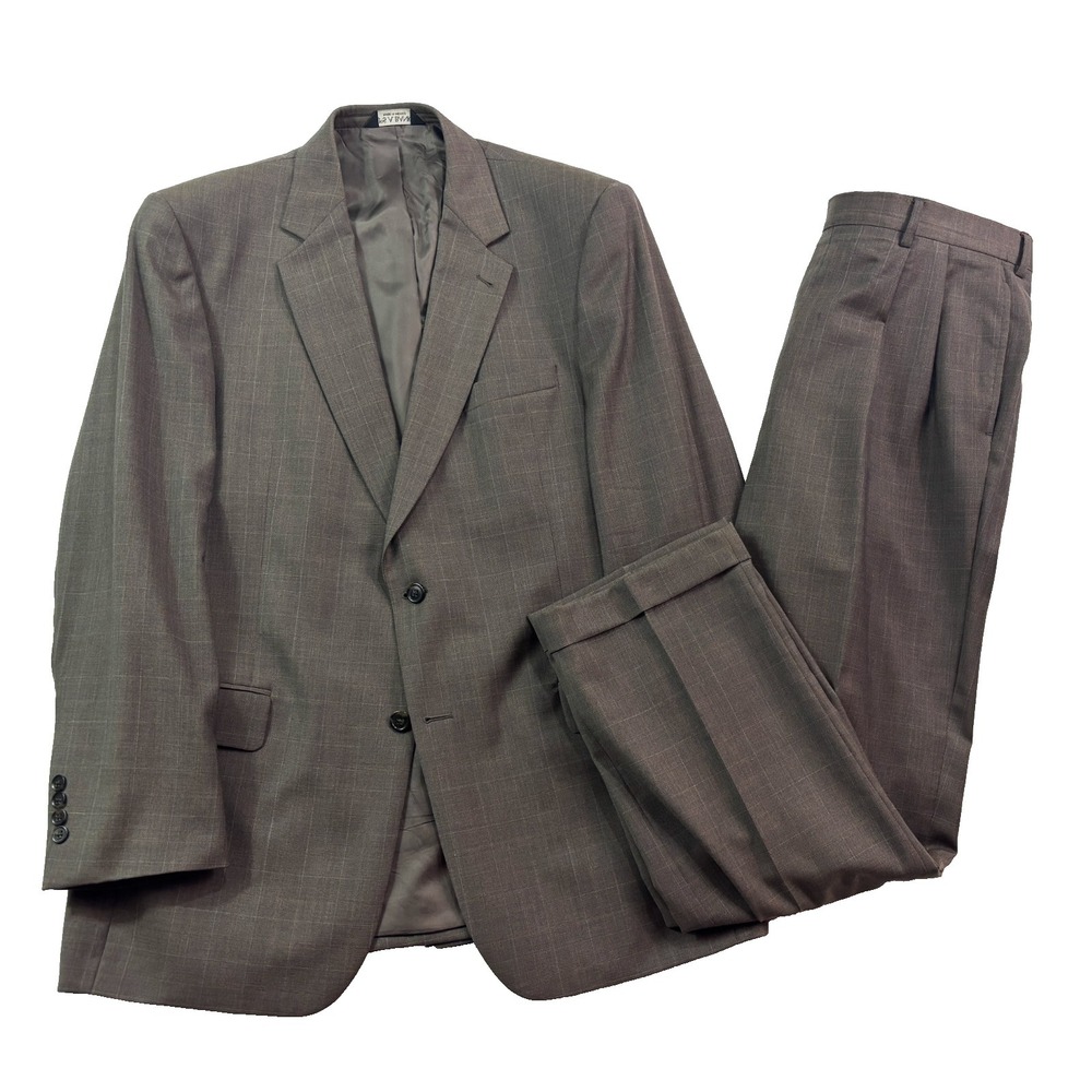 Jos A Bank 43L 44L 36x32 Brown Plaid 2pc Pant Suit Signature Collection Pleated